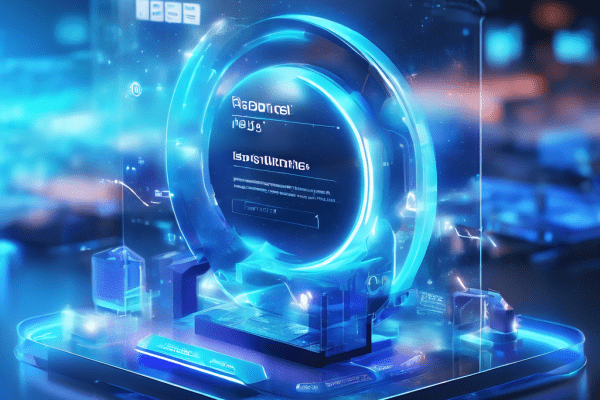 Digital platform interface showing a name change record alert with glowing data paths and secure service flow in a futuristic...
