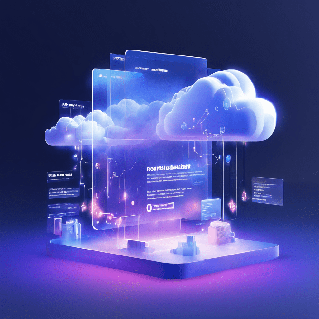 Futuristic fintech dashboard showing abstract digital withdrawal form fields with cloud infrastructure and secure data flow...