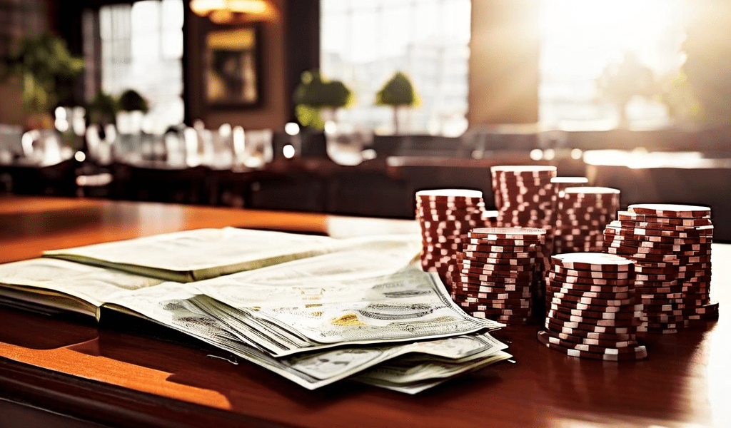 A professional photograph of a casino felt table with a blurred laptop in the background, a hand holding a stack of playing chips,