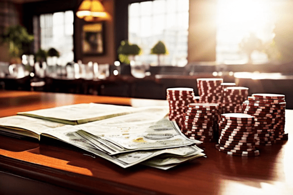 A professional photograph of a casino felt table with a blurred laptop in the background, a hand holding a stack of playing chips,