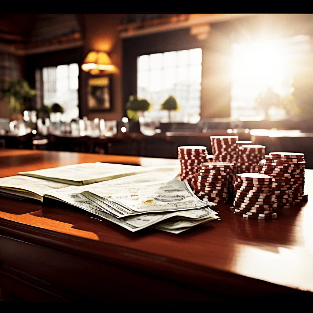 A professional photograph of a casino felt table with a blurred laptop in the background, a hand holding a stack of playing chips,