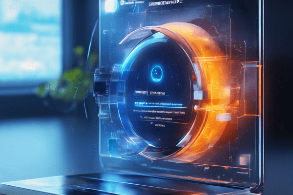 Abstract login screen warning overlay with secure device verification flow and layered digital service interface.