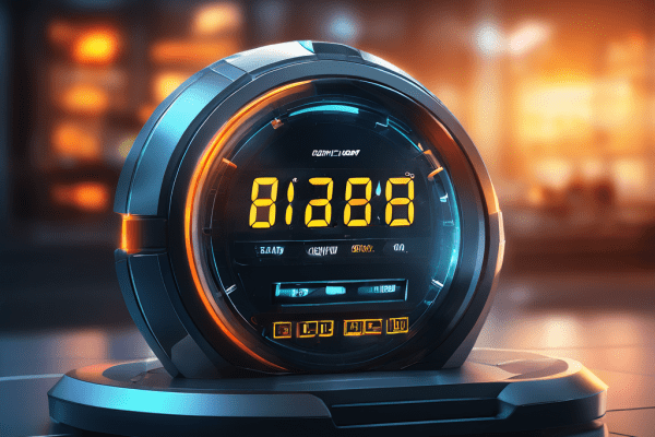 Close-up of a glowing digital timer interface with layered data paths and secure service flow for an online platform.