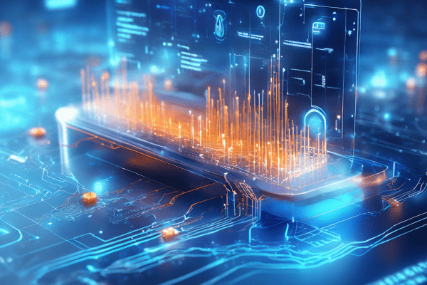 Futuristic digital interface with layered glow and secure data paths representing online platform threads that share verified...